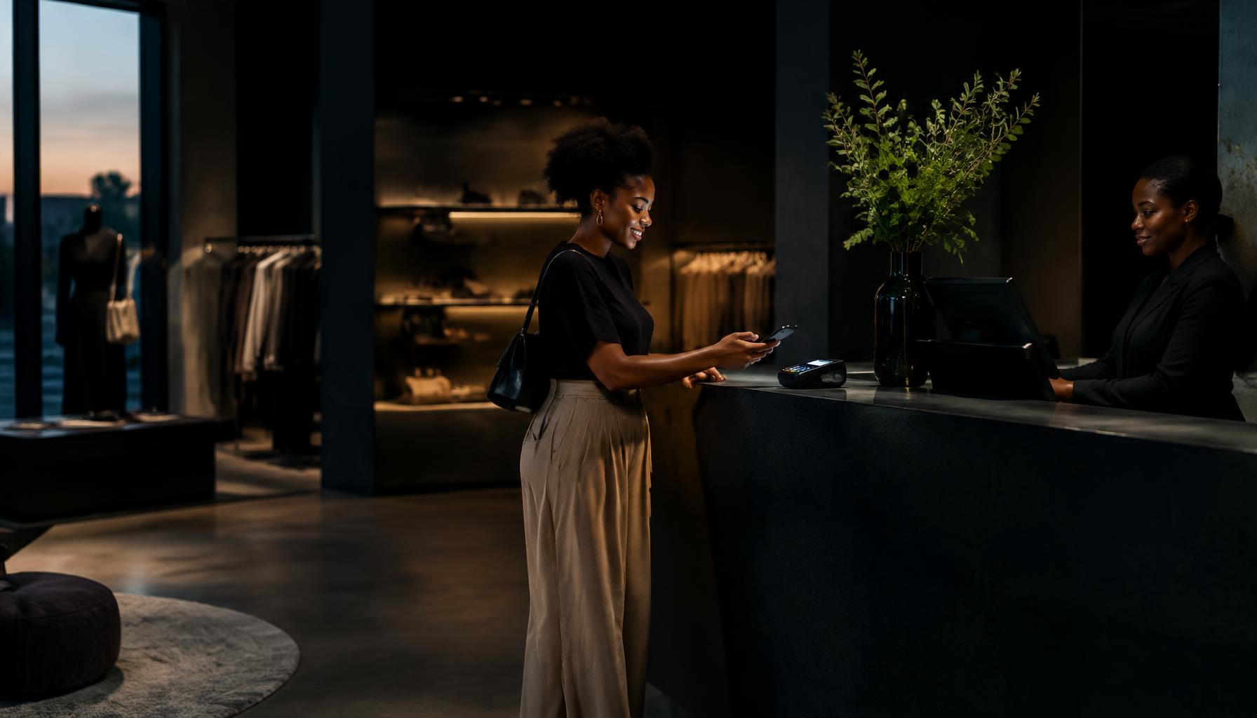 A shopper paying with her phone at a boutique counter